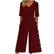 FOUHKNI Womens Wide Leg Jumpsuits Short Sleeve V Neck Casual Loose Comfy Button Split Rompers with Pockets