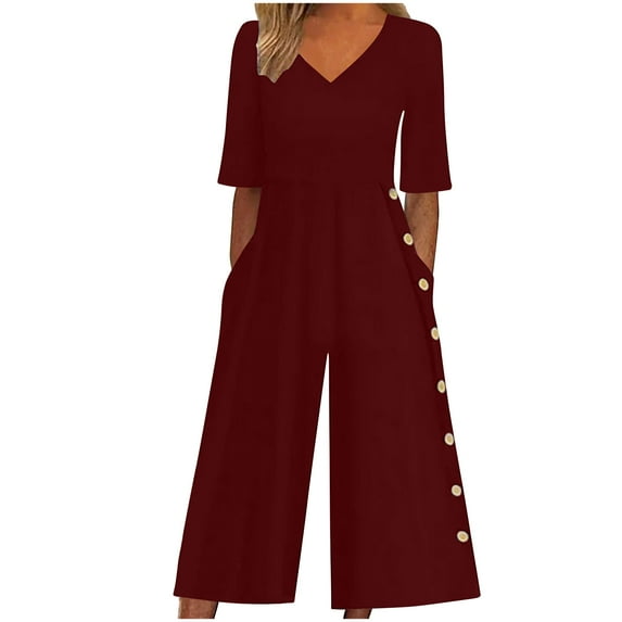 Fouhkni Womens Wide Leg Jumpsuits Short Sleeve V Neck Casual Loose Comfy Button Split Rompers with Pockets