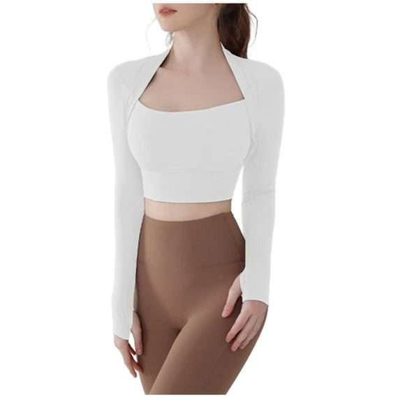 Fouhkni Womens Workout Crop Tops Long Sleeve Round Neck 2 in 1 Shirts Seamless Athletic Yoga Gym Tees