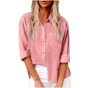 FOUHKNI Wonens Plus Size Cotton Linen Shirts Long Sleeve Dressy Casual Collared Button down Blouses