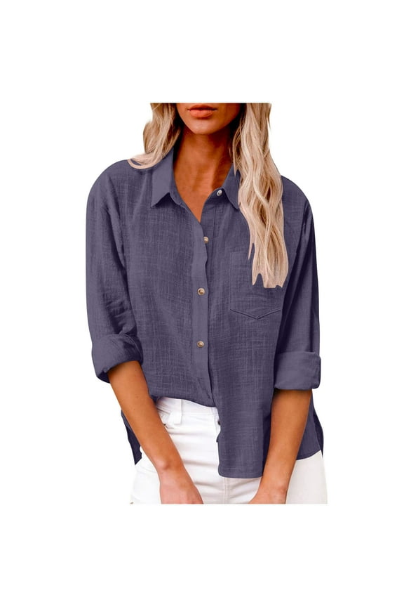 Wonens Plus Size Cotton Linen Shirts Long Sleeve Dressy Casual Collared Button down Blouses