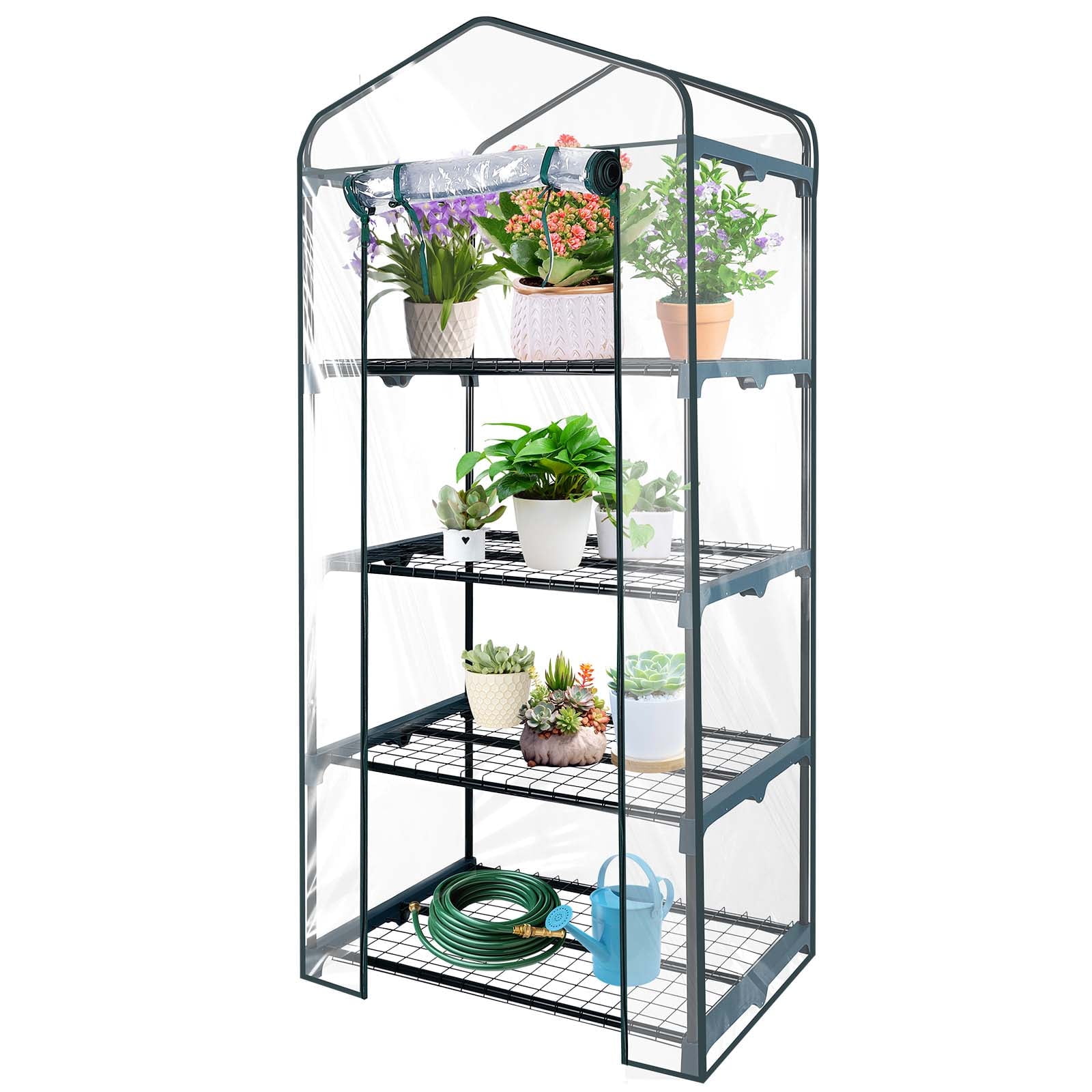 FOUKUS 4 Tier Mini Greenhouse: 23"x17"x57" Small Greenhouse with Steel Frame and Clear PVC Cover for Indoor Outdoor Use – Garden, Patio, Balcony – Seedlings, Herbs, Flowers