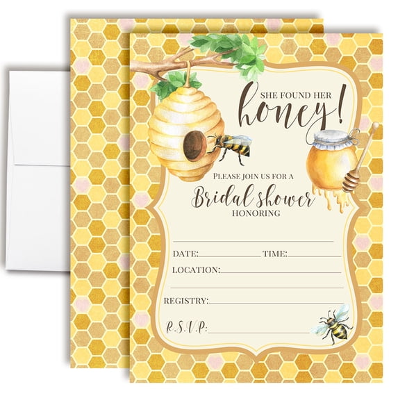 She Found Her Honey Bee Bridal Shower Invitations, 20 Fill-In Cards with Envelopes, 5x7 Wedding Shower Invitations for Bride, Bridal Party Supplies and Decorations, Made in USA by Amanda Creation
