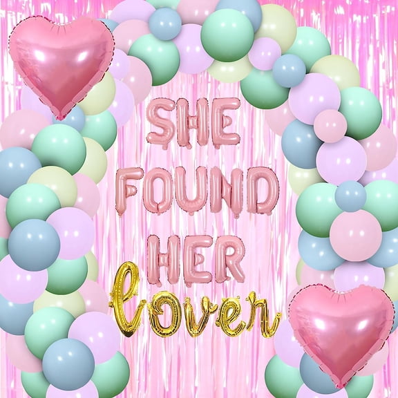 She Found Her Lover Macaron Bachelorette Party Decorations Rainbow Pastel Garland Kit with Curtain She Found Her Lover Bridal Shower Pink Gold Banner Bride To Be Wedding Supplies for Girl