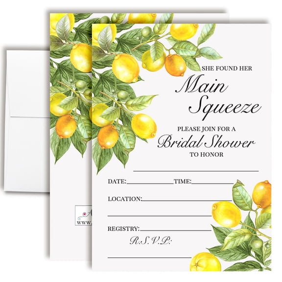 She Found Her Main Squeeze  Lemon Bridal Shower Invitations, 20 Fill-In Cards with Envelopes, 5x7 Wedding Shower Invites for Bride, Bridal Party Supplies & Decorations, Made in USA by Amanda Creation