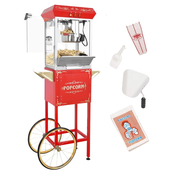 Great Northern Popcorn 8oz Foundation Popcorn Maker Machine with Cart, Stainless Steel Kettle, Red