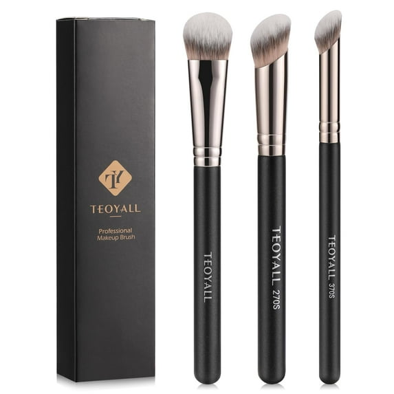 Foundation Contour Conceal Brush Set, 3PCS Angled Synthetic Kabuki Brush for Blending Setting Buffing with Liquid, Cream and Powder Cosmetic (170S/270S/370S)