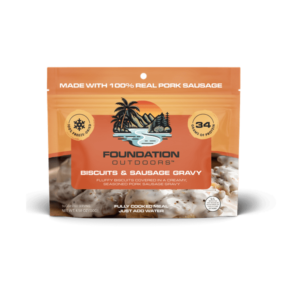 Foundation Outdoors Biscuits & Gravy Meal with Pork Sausage, Freeze Dried Backpacking & Camping Food, Emergency Food, High Protein Meal