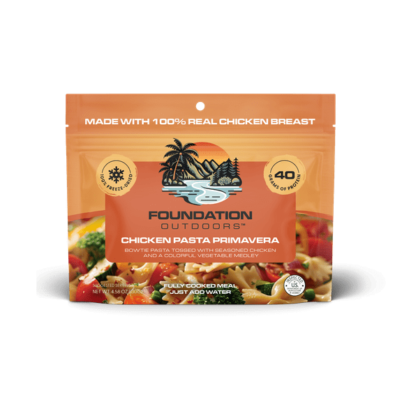 Foundation Outdoors Chicken Pasta Primavera, Freeze Dried Backpacking & Camping Food, Emergency Food, High Protein Meal