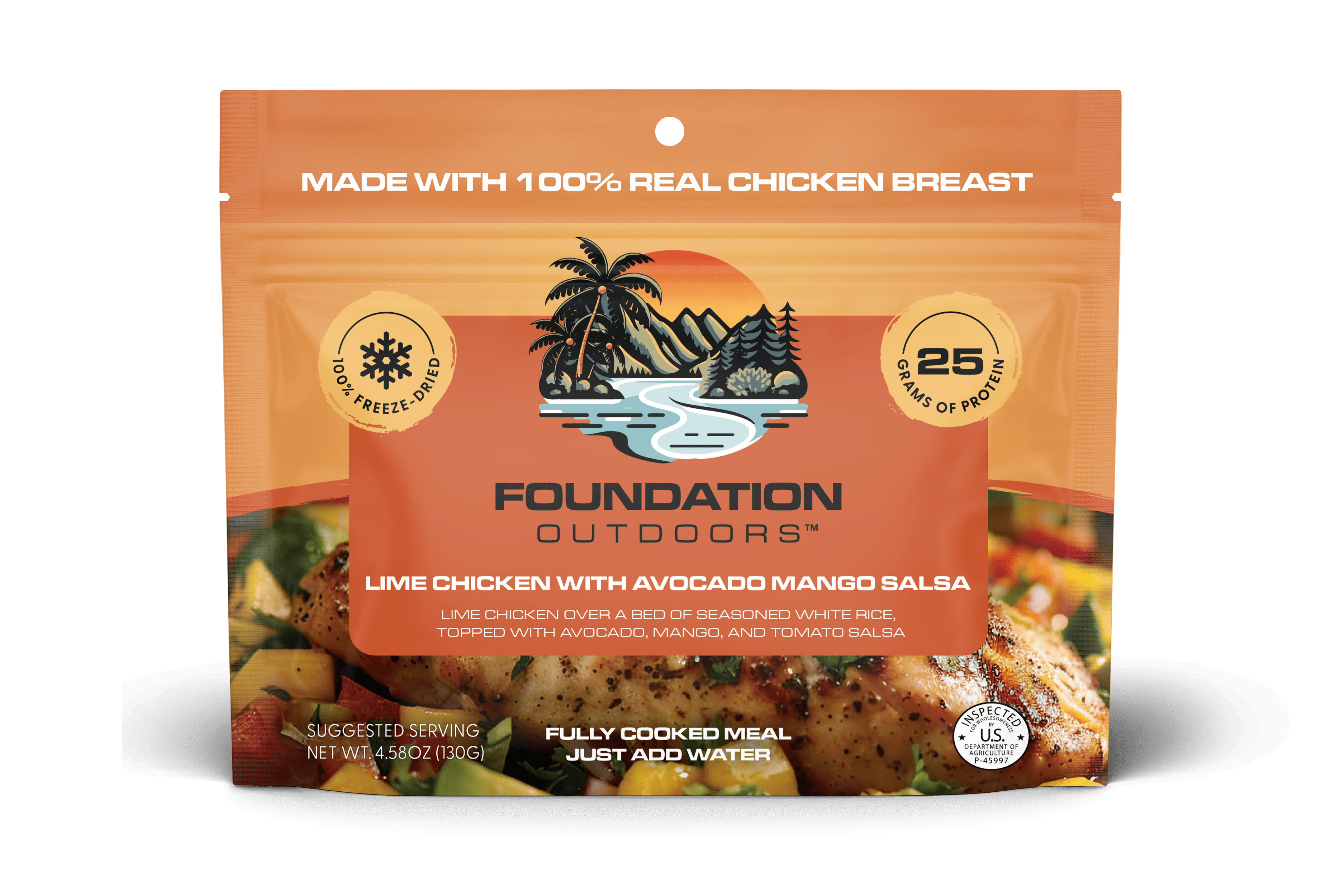 Foundation Outdoors Lime Chicken with Avocado Mango Salsa, Freeze Dried Backpacking & Camping Food, Emergency Food, High Protein Meal