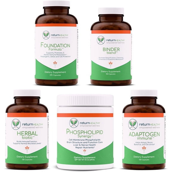 Foundation Plan Immune System Support Kit - 5-in-1 Immune Supplement with Adaptogens, Binders, Phospholipids & More - Promote Gut Cleanse & Resilience - Non-GMO, Plant-Based, USA-Made