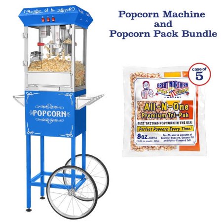 Foundation Popcorn Machine and Cart – 3 Gallon Popcorn Popper, 8oz Kettle, Warmer Tray and 5 All-In-One Popcorn Packs by Great Northern Popcorn (Blue)
