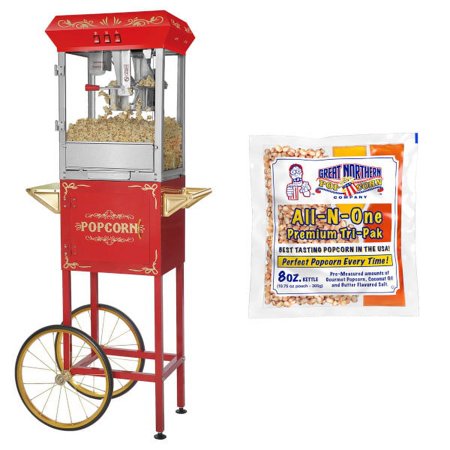 Foundation Popcorn Machine and Cart – 3 Gallon Popcorn Popper, 8oz Kettle, Warmer Tray and 5 All-In-One Popcorn Packs by Great Northern Popcorn (Red)