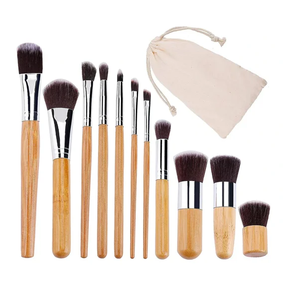 Foundation, Powder, Concealer, Lip & Eyeshadow Brushes with Blending Kit and Travel Pouch Natural Bamboo Soft Makeup Brush Set