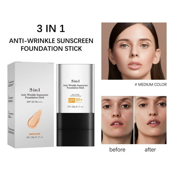 Foundation Stick Full Coverage, 3 In 1 Anti-Wrinkle Foundation Stick with SPF 50+, Korean Hydrating Lightweight Flawless Eraser Foundation Stick with Brush, Thin and Natural Finish