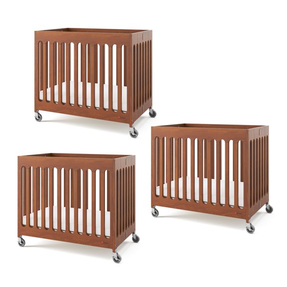 Foundations Boutique Compact Folding Crib 3-Pack with 3" Mattresses, Locking Wheels, Cherry