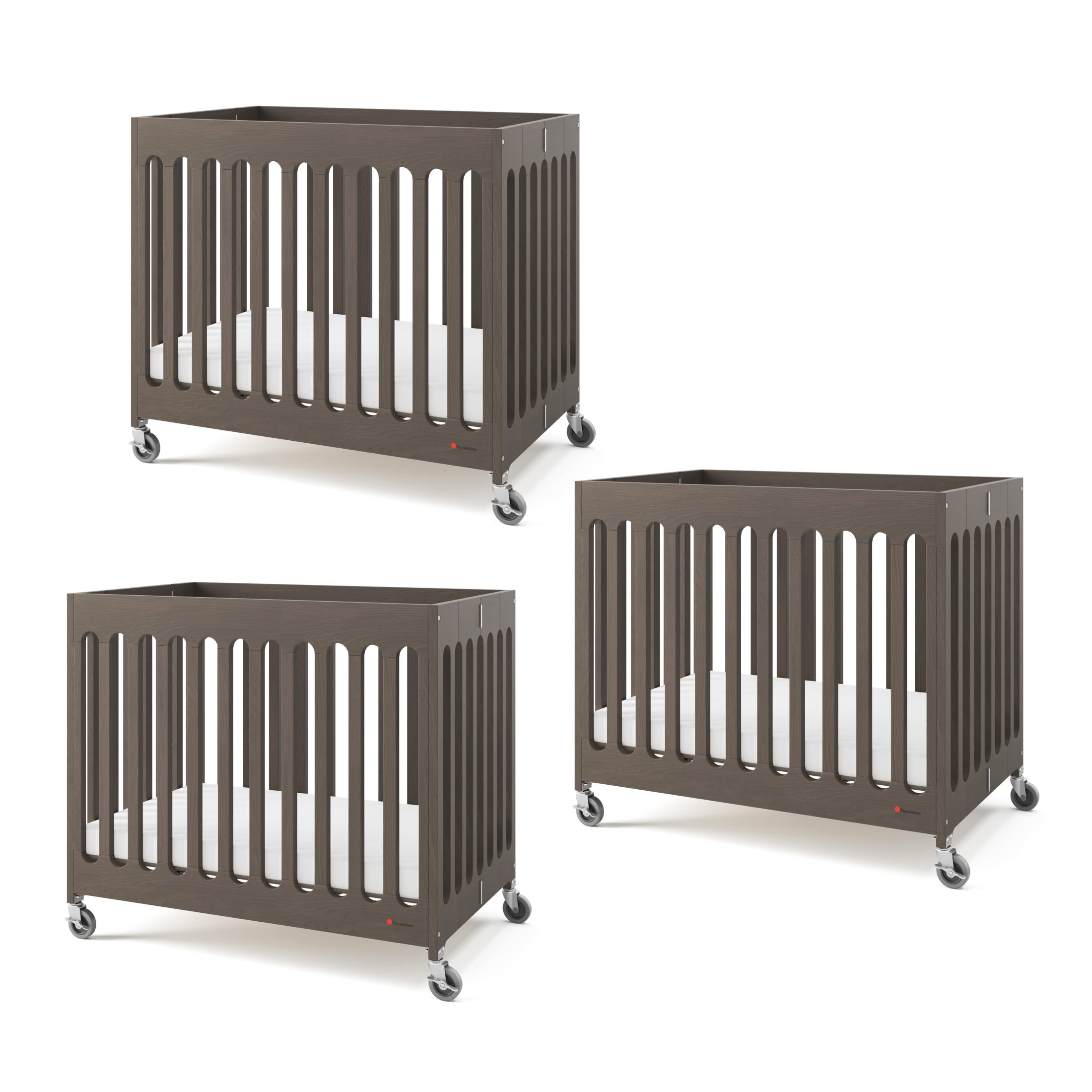 Foundations Boutique Compact Folding Crib 3-Pack with 3" Mattresses, Locking Wheels, Dapper Gray