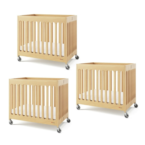 Foundations Boutique Compact Folding Crib 3-Pack with 3" Mattresses, Locking Wheels, Natural Wood