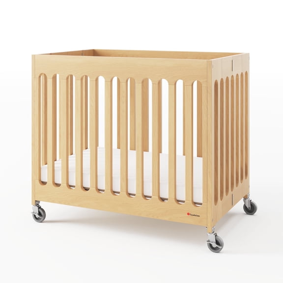 Foundations Boutique Compact Folding Hotel Crib with 3" Mattress and Locking Wheels, Natural