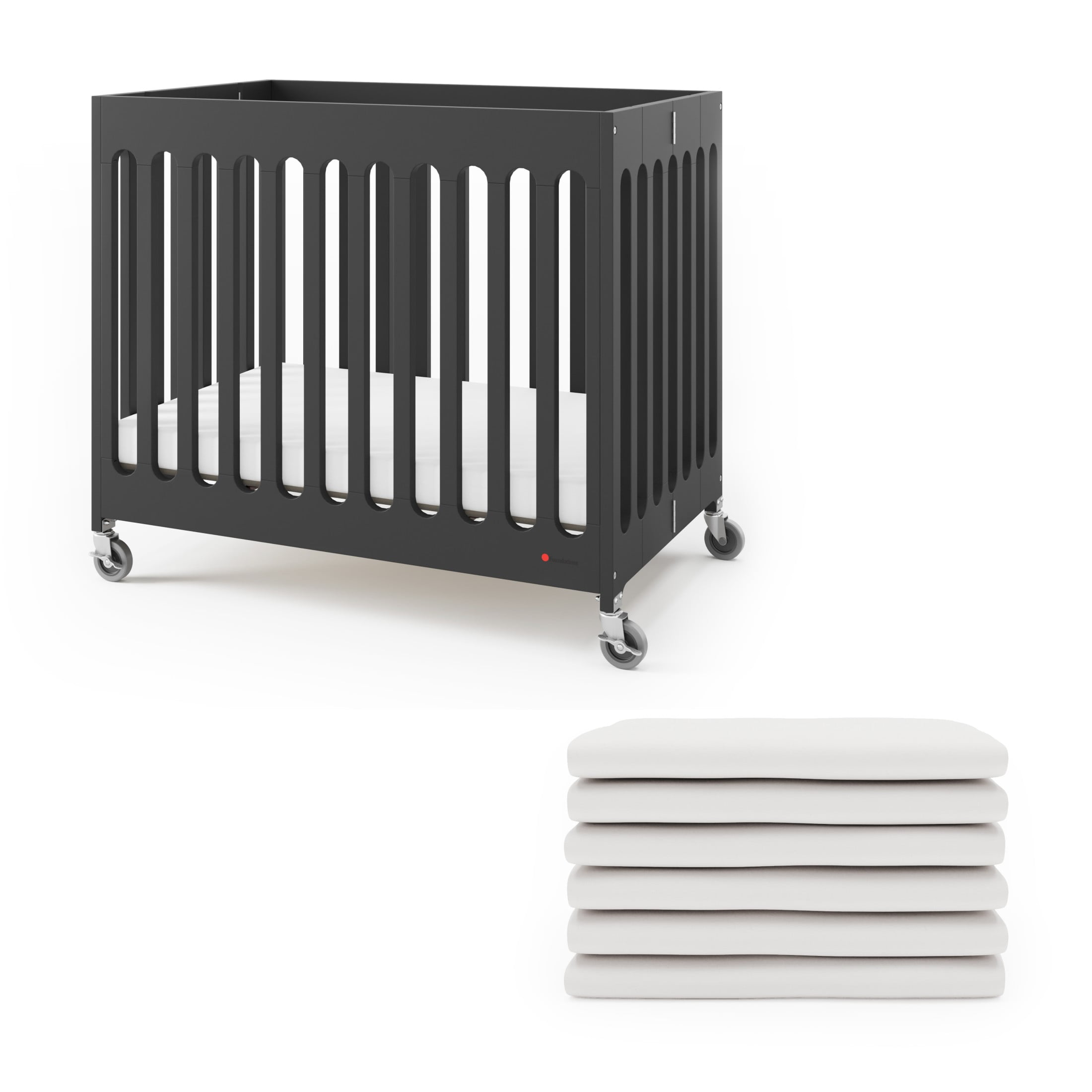 Foundations Boutique Folding Hotel Crib and Sheet Bundle - Includes Wooden Mini Crib with 3" Foam Mattress (Ebony) and 6-Pack White Fitted Compact Crib Sheets