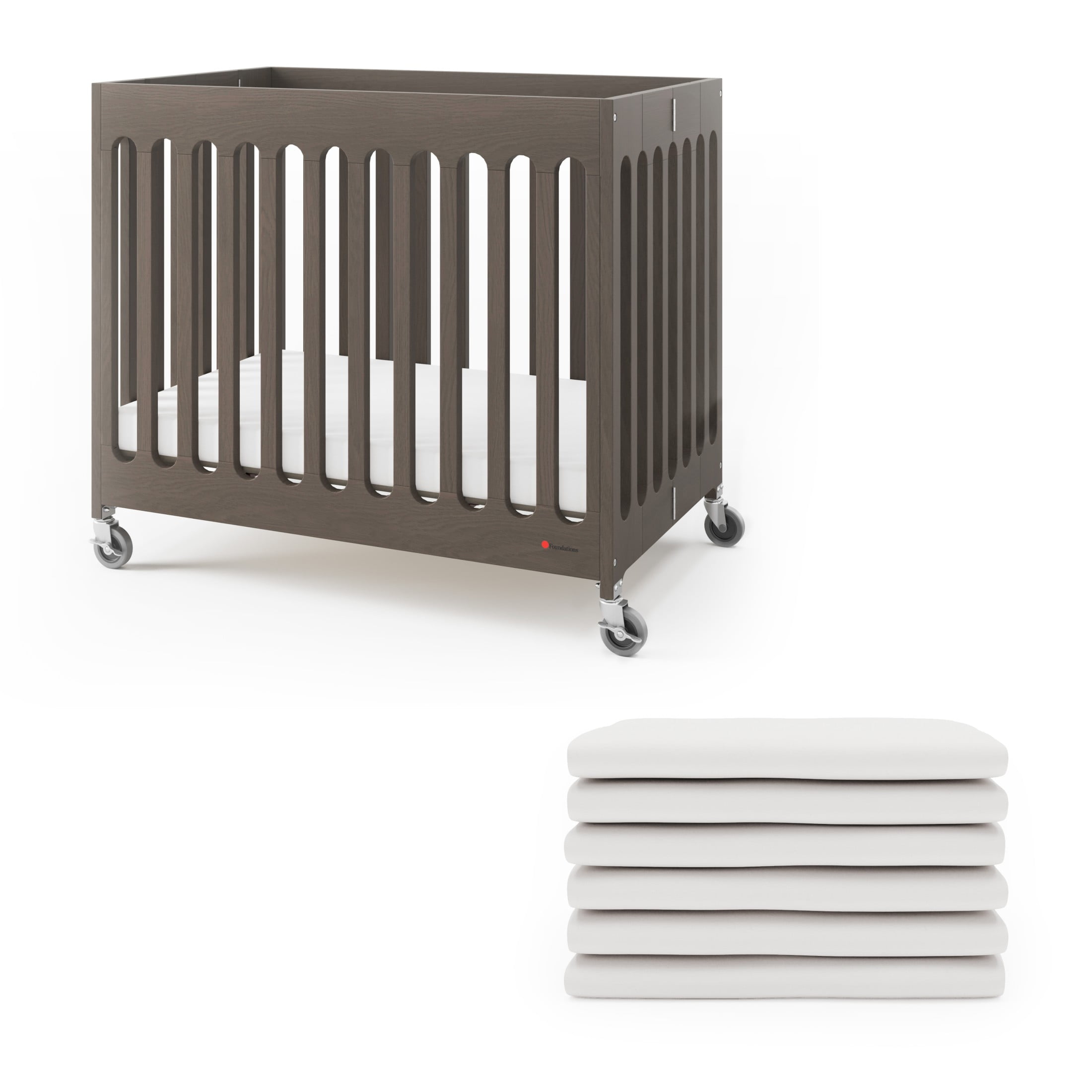 Foundations Boutique Folding Hotel Crib and Sheet Bundle - Includes Wooden Mini Crib with 3" Foam Mattress (Gray) and 6-Pack White Fitted Compact Crib Sheets