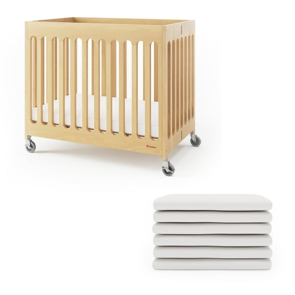 Foundations Boutique Folding Hotel Crib and Sheet Bundle - Includes Wooden Mini Crib with 3" Foam Mattress (Natural) and 6-Pack White Fitted Compact Crib Sheets