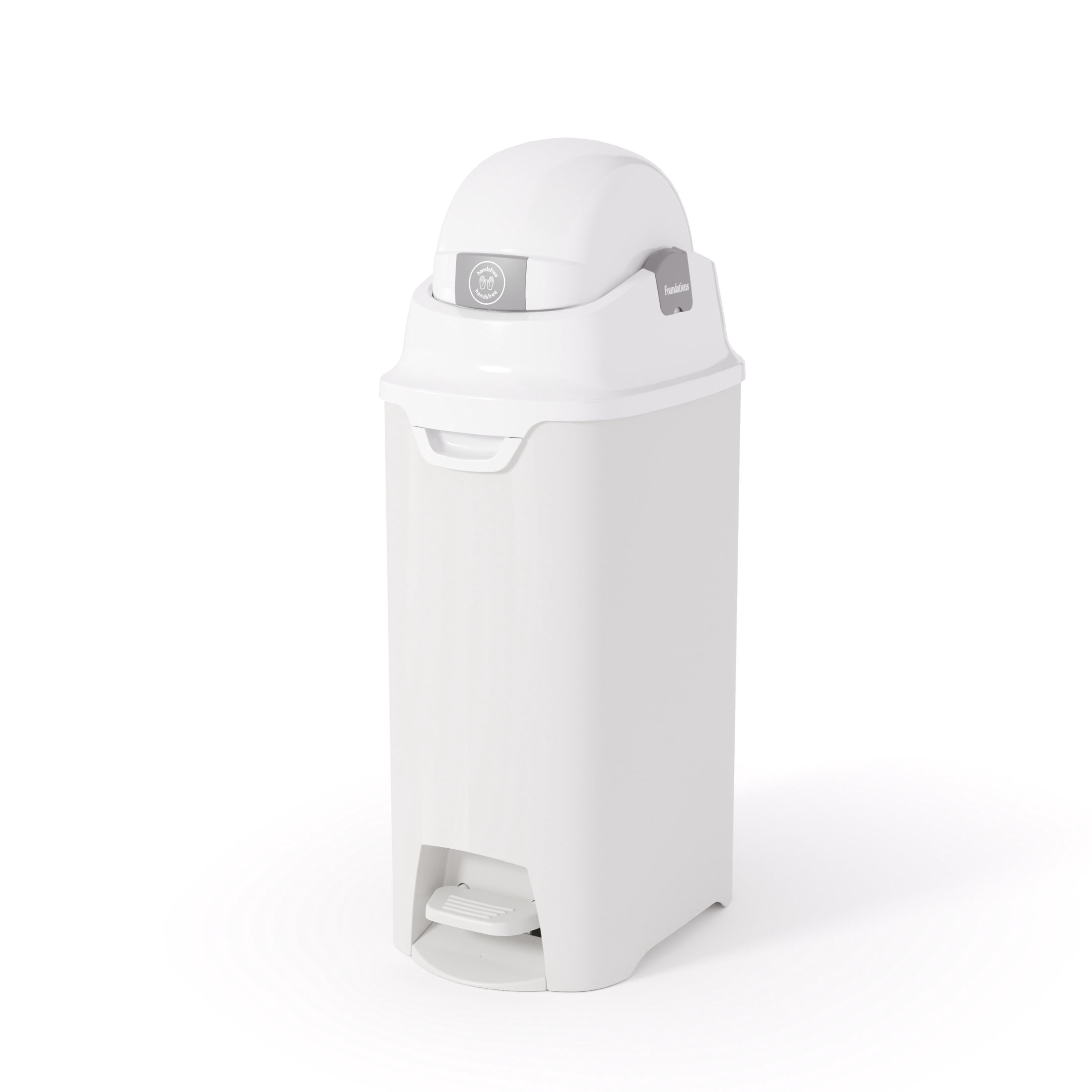 Foundations Hands Free Medium Diaper Pail with Airtight Lid - Durable & Odorless Diaper Disposal, Holds up to 45 Newborn Diapers, Refill With Any Bags - White