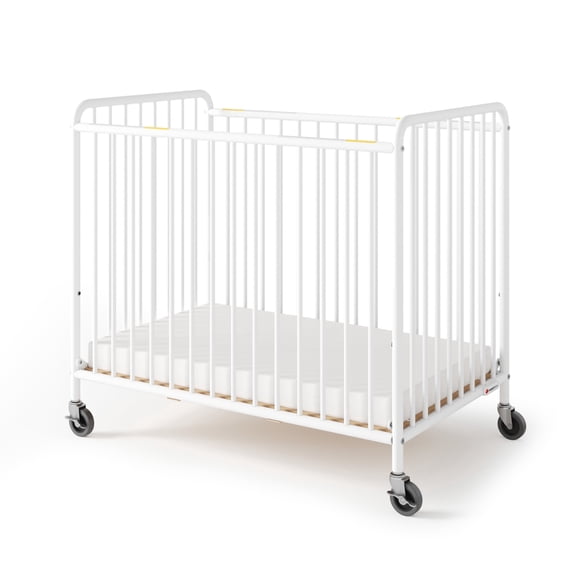 Foundations Chelsea Compact Slatted Metal Evacuation Crib with 3" Mattress, Adjustable Height, White