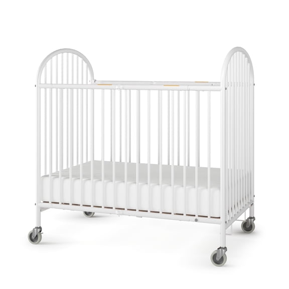 Foundations Pinnacle Compact Folding Crib with 4" Mattress and Locking Wheels, White