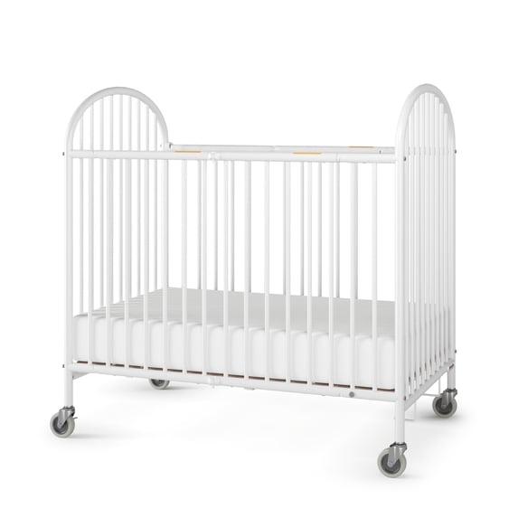 Foundations Pinnacle Compact Folding Crib with 4" Mattress and Locking Wheels, White
