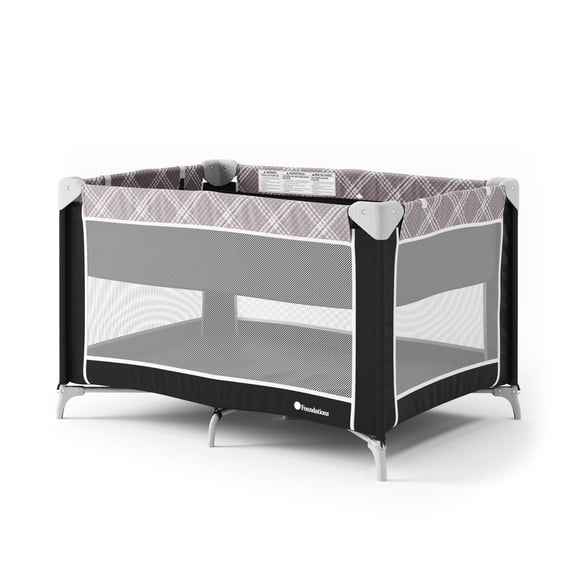 Foundations Sleep 'N Store Baby Play Yard, Foldable with Bassinet & Mattress, Mod Plaid Gray