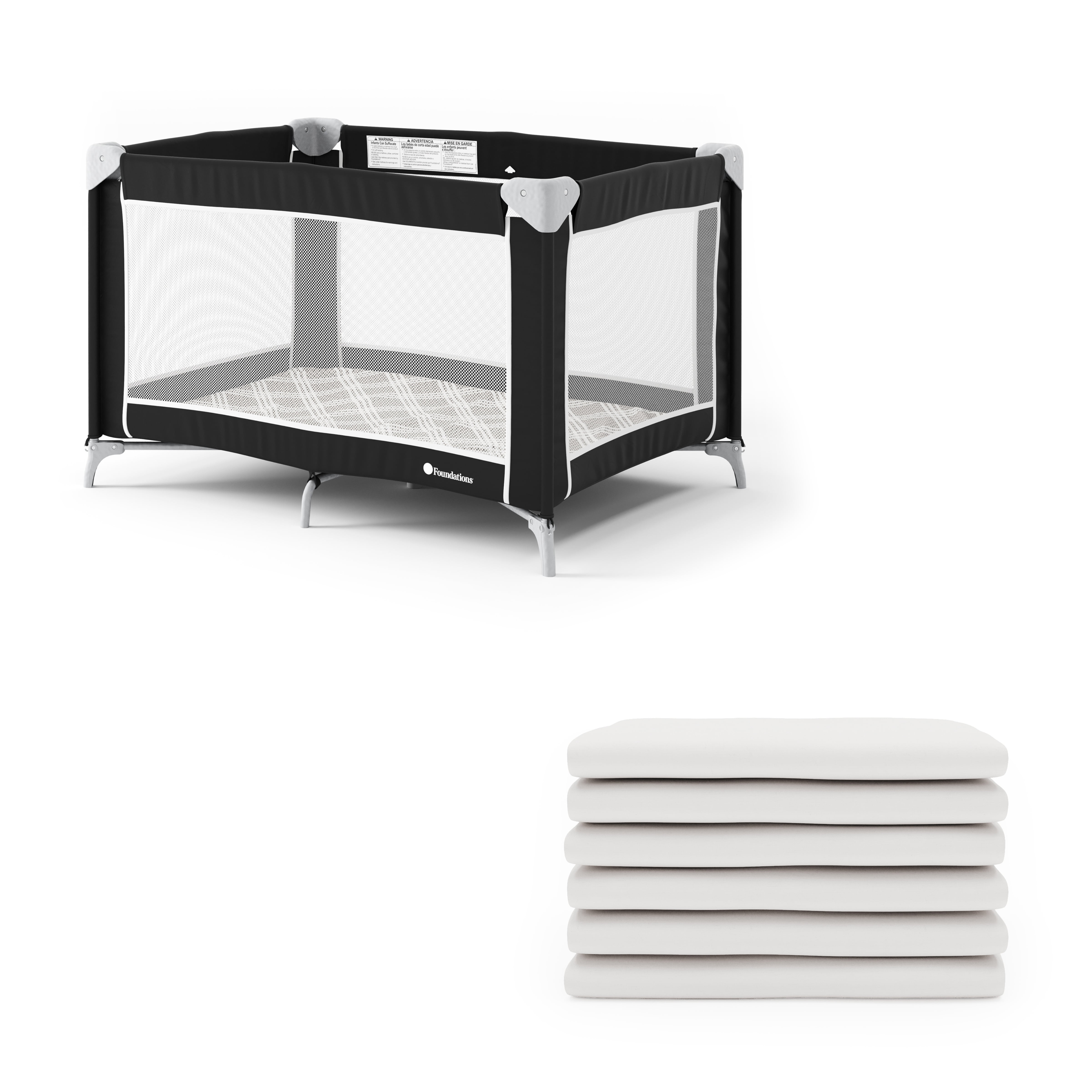 Foundations Play Yard & Sheets Bundle - Commercial-Grade Playpen with Mattress, Storage Bag & 6 White Sheets - Durable for Hotels & Daycares