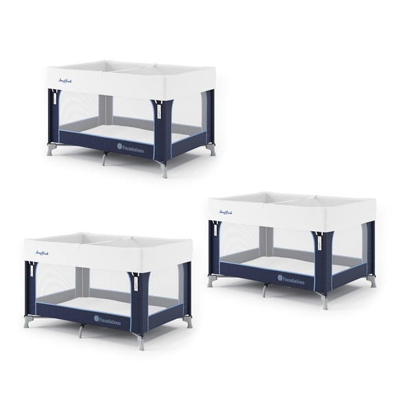 Foundations SnugFresh Celebrity Travel Play Yard with Mesh Sides, Washable Cover, and Storage Bag, 3-Pack, Regatta Blue