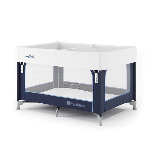 Foundations SnugFresh Celebrity Travel Play Yard with Mesh Sides, Washable Cover, and Storage Bag, Regatta Blue