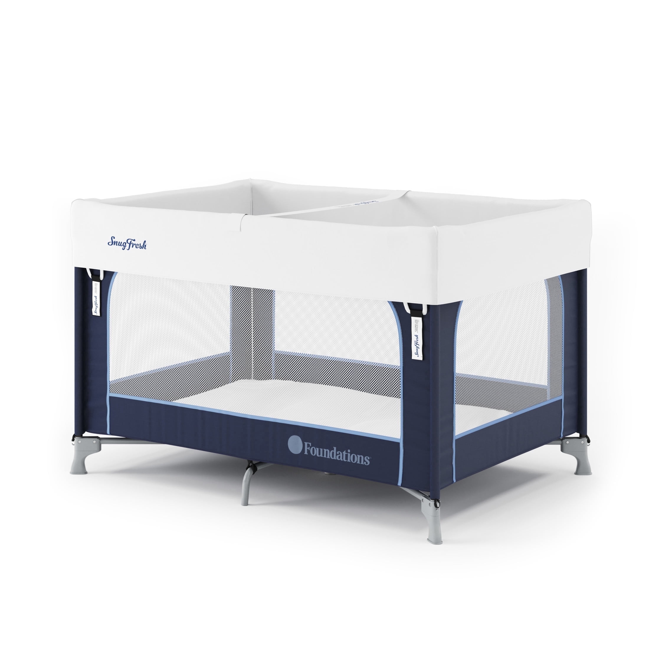 Foundations SnugFresh Celebrity Travel Play Yard with Mesh Sides, Washable Cover, and Storage Bag, Regatta Blue