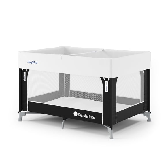 Foundations SnugFresh Celebrity Travel Play Yard with Mesh Sides, Washable Cover, and Storage Bag, Graphite