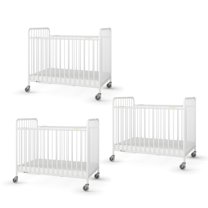 Foundations Stowaway Compact Folding White Metal Cribs, 3-Pack with Mattress, Easy Clean