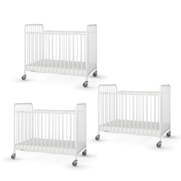 Foundations Stowaway Compact Folding White Metal Cribs, 3-Pack with Mattress, Easy Clean