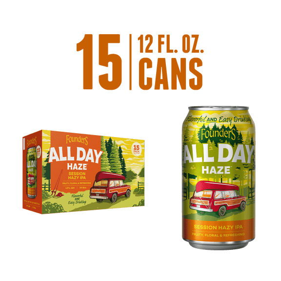 Founders All Day Haze, IPA Beer, 15 Pack, 12 fl oz  Aluminum Cans, 4.9% ABV, Craft Beer