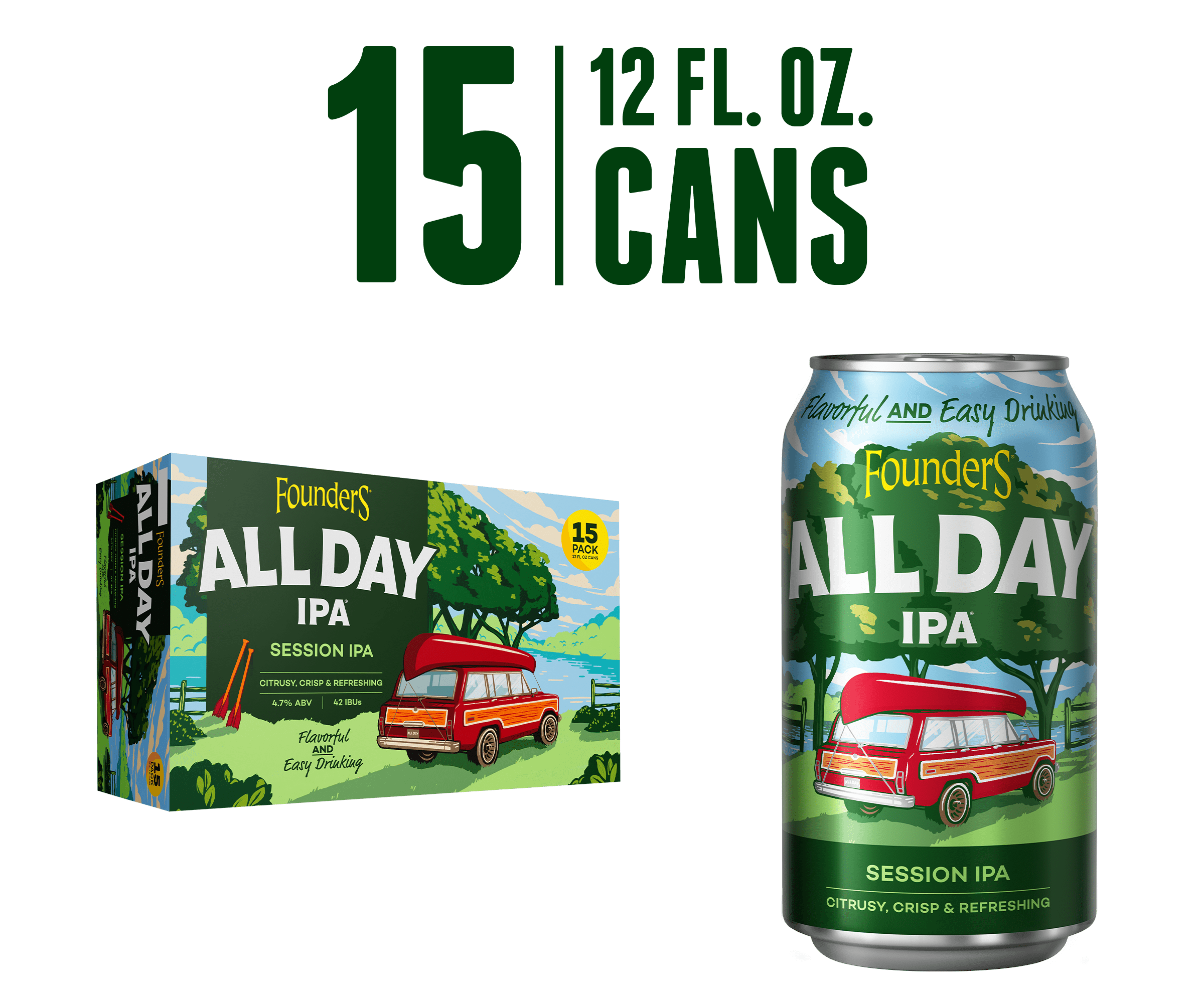 Founders All Day IPA, Session IPA Beer, 15 Pack, 12 fl oz Cans, 4.7% ABV, Craft Beer