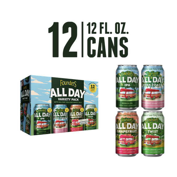 Founders All Day Variety Pack Beer, 12 Pack, 12 fl oz Aluminum Cans, 4.7% - 4.9% ABV, Craft Beer