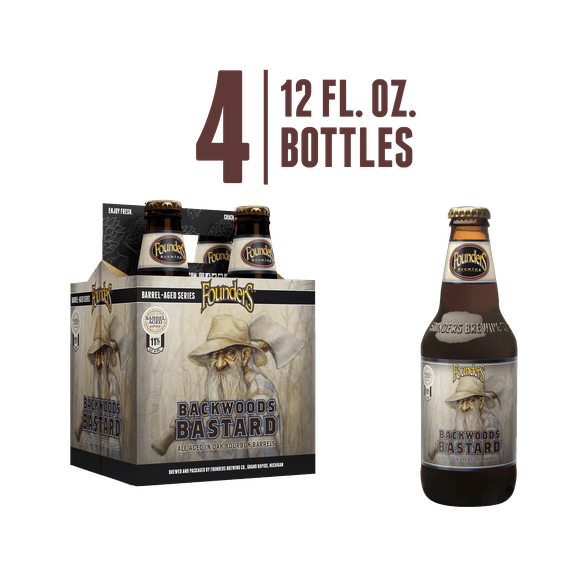 Founders Backwoods Bastard, Barrel-Aged Scotch Ale, 4 Pack, 12 fl oz Glass Bottles, 11% ABV, Craft Beer