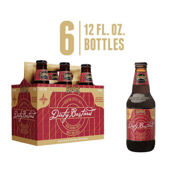 Founders Dirty Bastard, Scotch Ale Beer, 6 Pack, 12 fl oz Glass Bottles, 8.5% ABV, Craft Beer