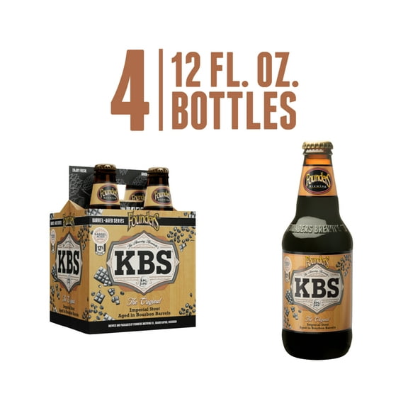 Founders KBS, Barrel-Aged Imperial Stout Beer, 4 Pack, 12 fl oz Glass Bottles, 12% ABV, Craft Beer