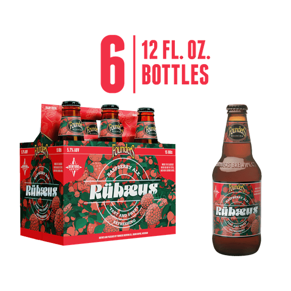 Founders Rubaeus Raspberry Ale Beer, 6 Pack, 12 fl oz Glass Bottles, 5.7% ABV, Craft Beer