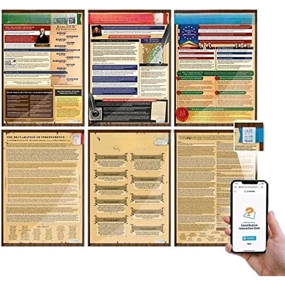 Founding Documents Set of 6 Posters: US Constitution, Bill of Rights, Declaration of Independence,Large 23.4"x16.5",$$Office