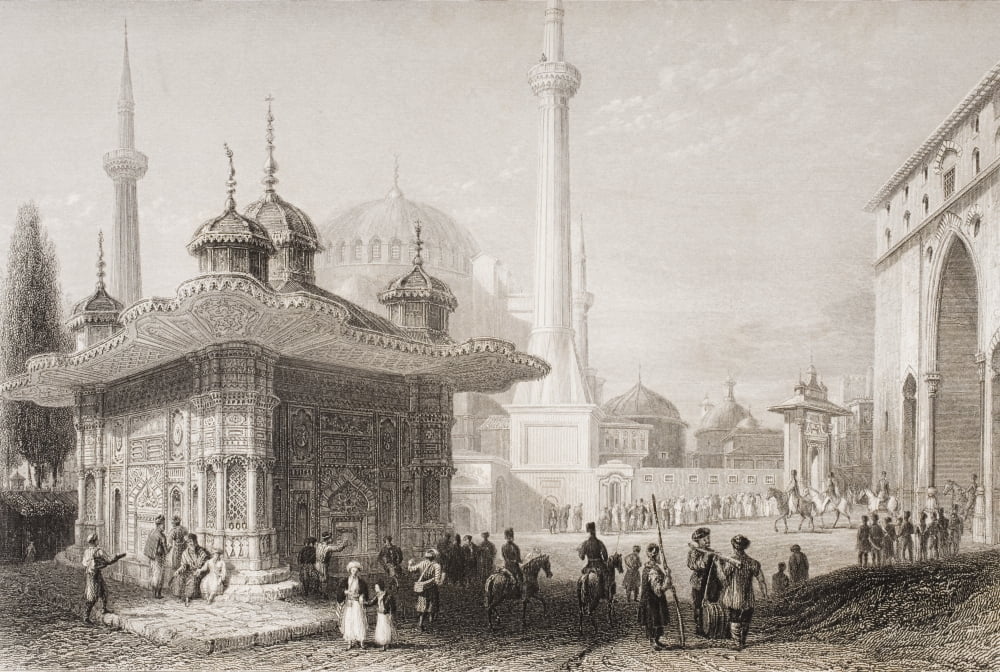 Fountain And Square Of St Sophia Istambul Turkey Engraved By T Higham After W H Bartlett Canvas Art - Ken Welsh Design Pics (17 x 11)
