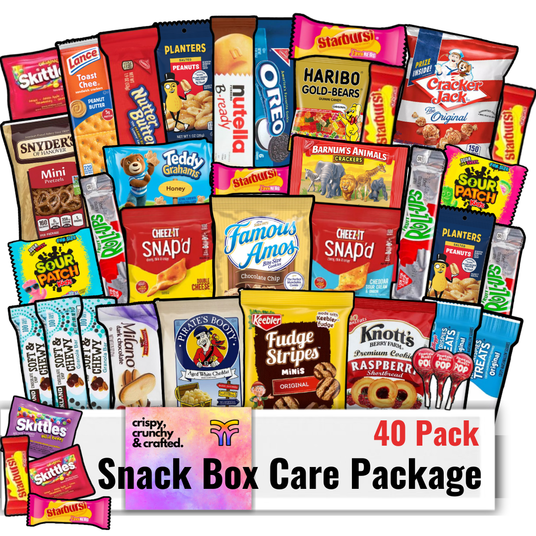 Fountain City Fulfillment Snack Box Care Package - 40 Count Snack Boxes for Adults, Teens & Kids - Gummy Bears, Peanuts, Cookies, Snack Pack Food Gift for College, Camp, Road Trip Famous Amos Keebler