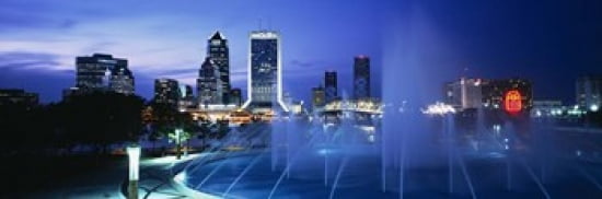 Fountain Cityscape Night Jacksonville Florida USA Canvas Art - Panoramic Images (36 x 12)