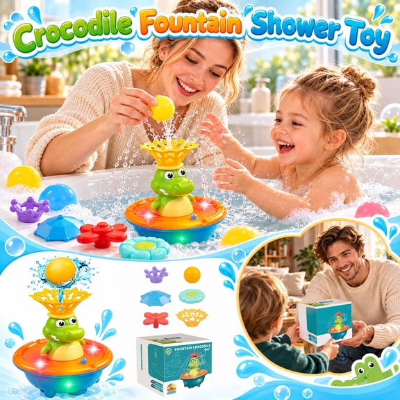 Fountain Crocodile Bath Toy, Toddler Light Up Bathtub Fountain Toy, Electric Floating Crocodile Water Sprinkler with LED Lights, Summer Pool Toy for Boys Girls Bath Time